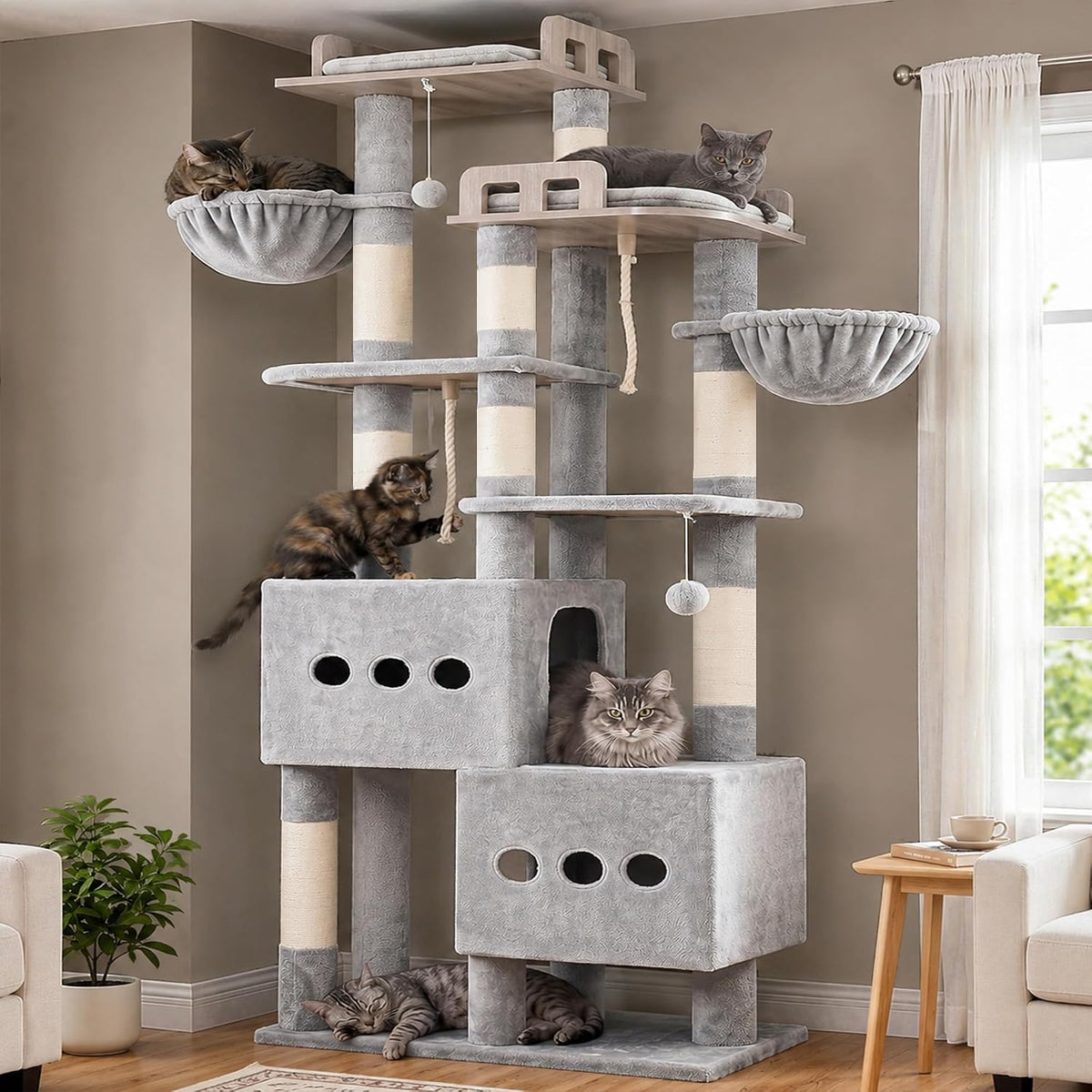 Maine Coon Cat Tree, Heavy Duty Cat Tower for 20 lbs+, GCT033G – Essentials for Cats - 74.8 inches / Light Gray