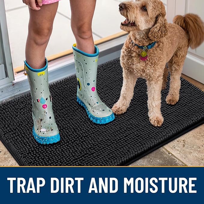 Smiry Dog Door Mat for Muddy Paws 59x24, Absorbs Moisture and Dirt Doormat, Non-Slip Washable Quick Dry Chenille Front Door Mat Indoor Entrance, Entryway Carpet for Inside Floor, Black