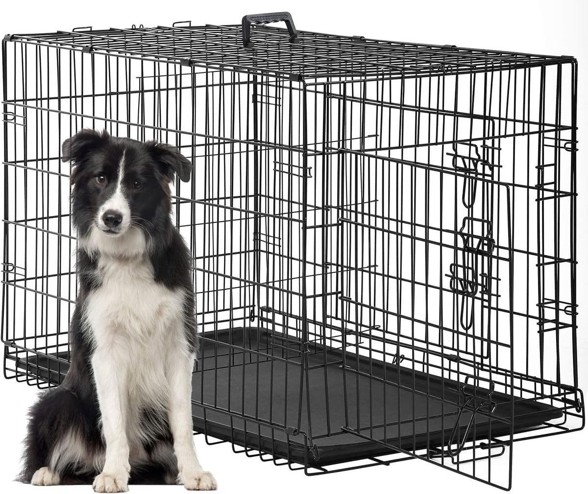 FDW, 48" Foldable Metal Dog Crate, Cage for XL Dogs - Black / 48 Inch Double Door