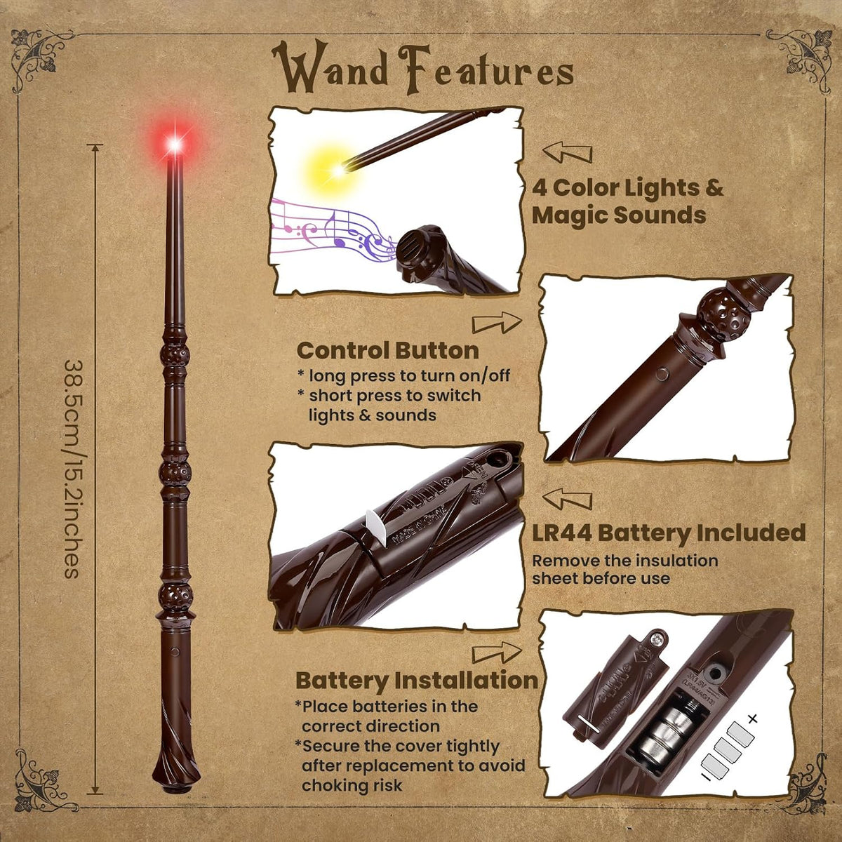 KingVows Light Up Magic Wizard Wand with 4 Color Lights & Sound - Brown - image 3