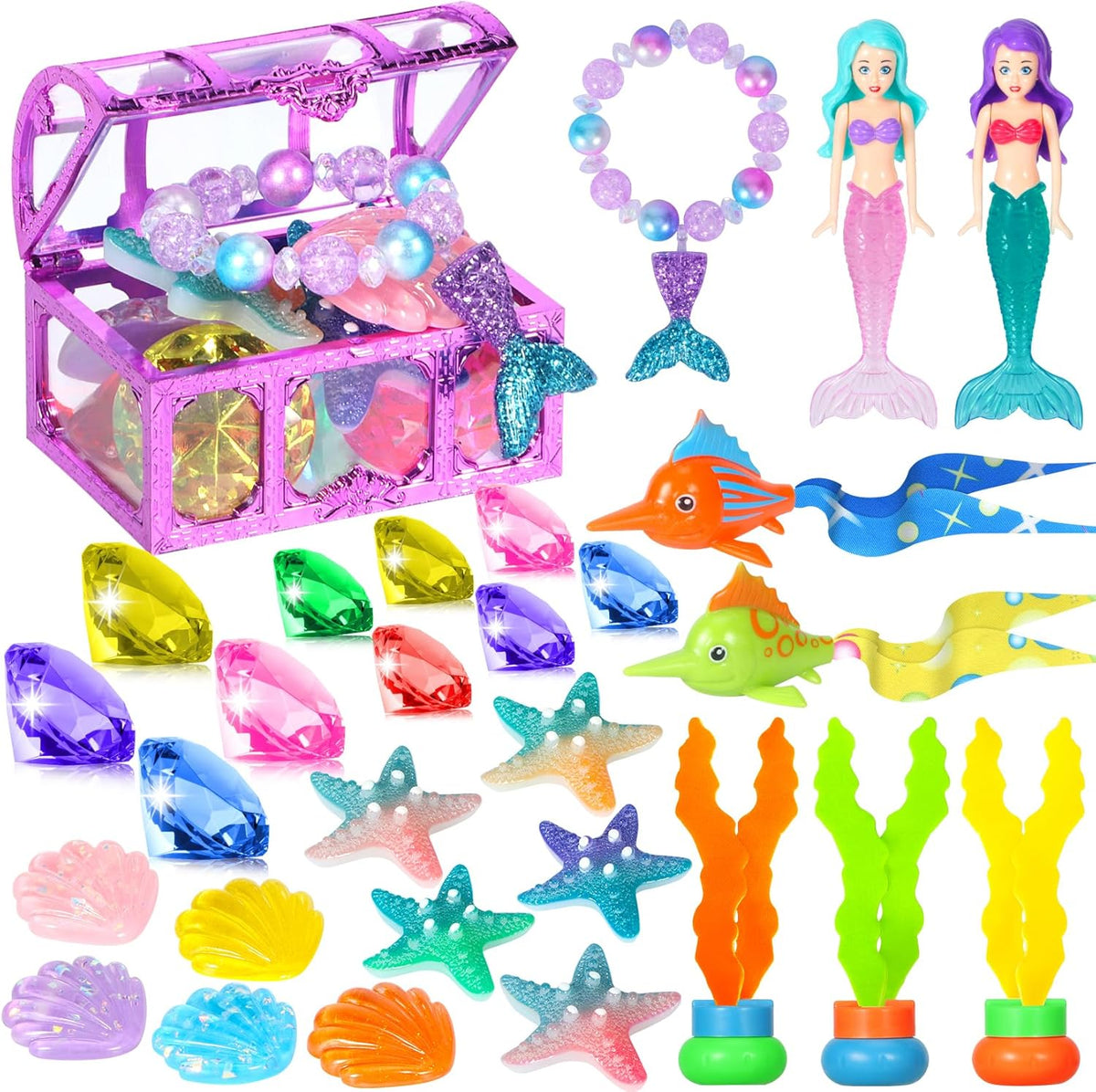 VGOFUN 31-piece mermaid diving pool toys with gems, pirate treasure chest and mesh bag - view 2