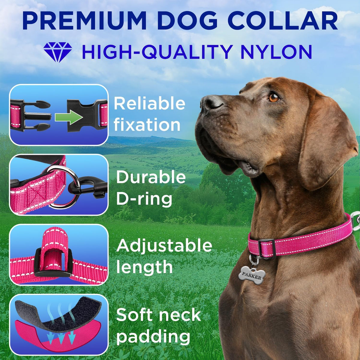 Reflective Neoprene Padded Dog Collar with Quick Release Buckle – Essentials for Dogs - Hot Pink / XX-Small - image 2