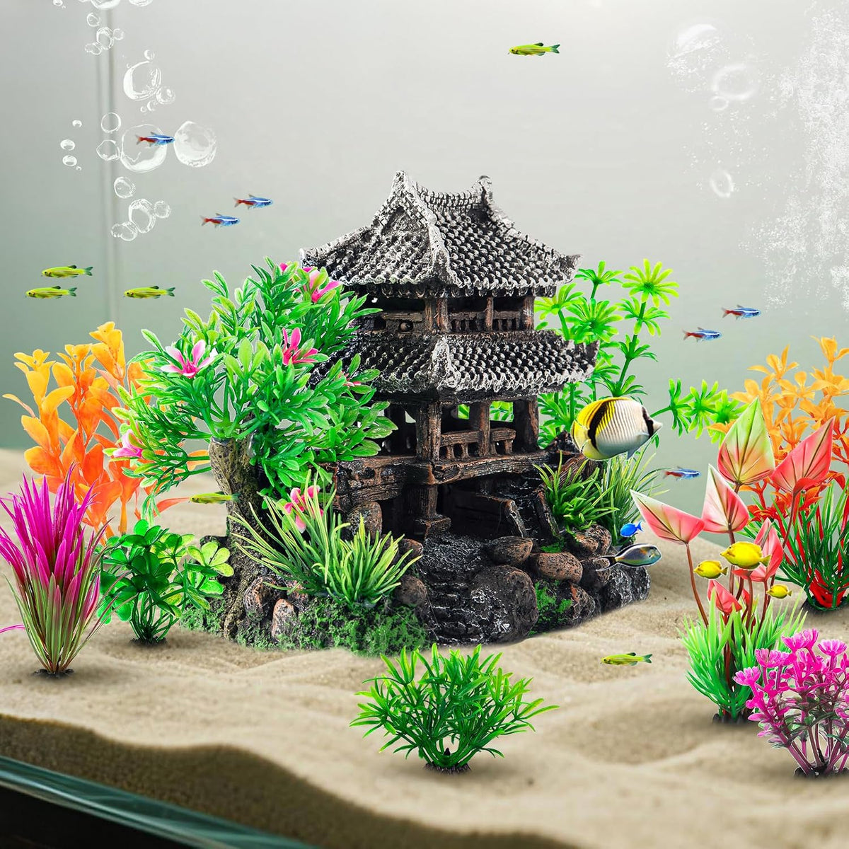 CousDUoBe 9Pcs Resin Castle Decorations Set，Realistic Fish Tank - image 2