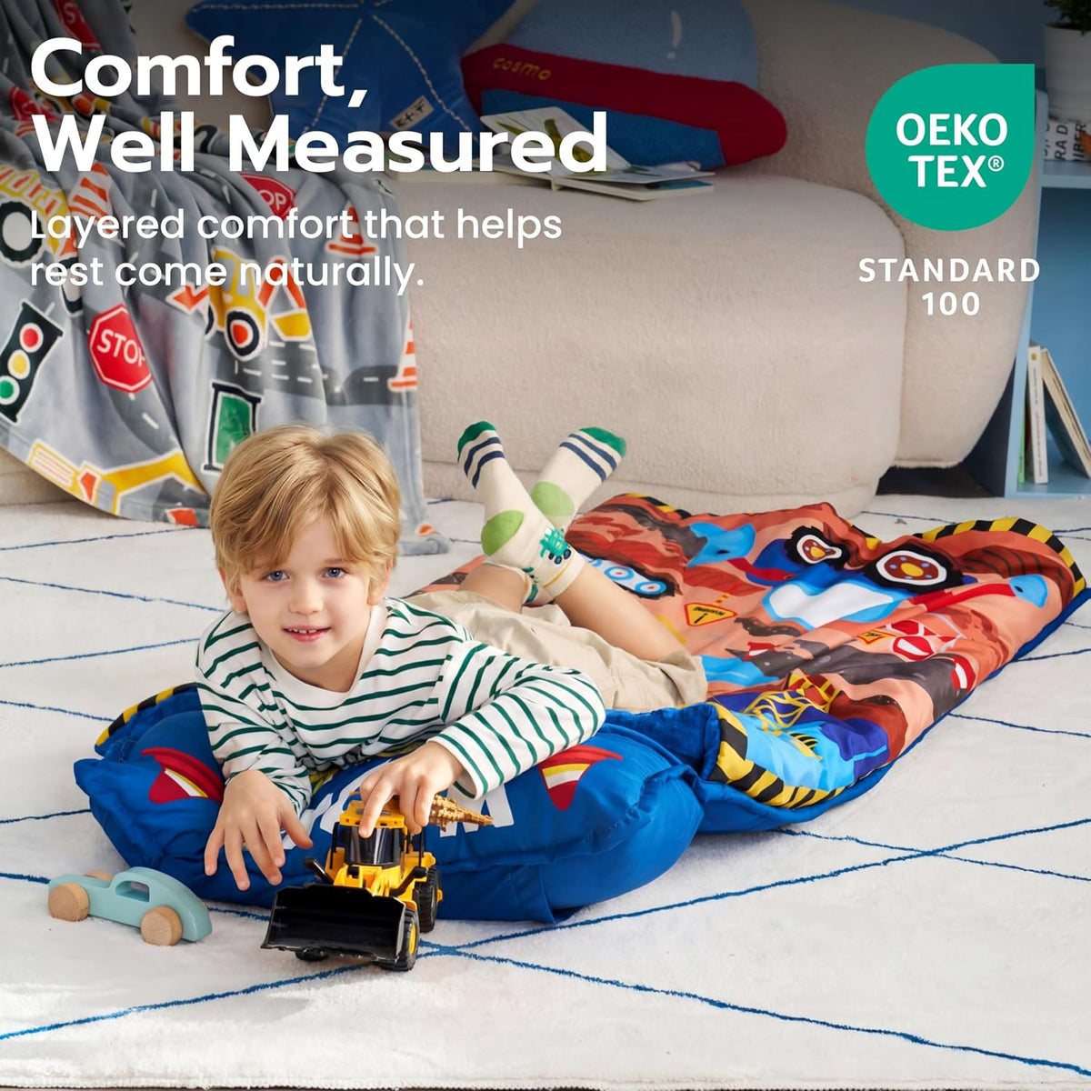 JOIEDOMI Toddler Nap Mat with Removable Pillow and Minky Blanket - Light Blue Construction - image 3