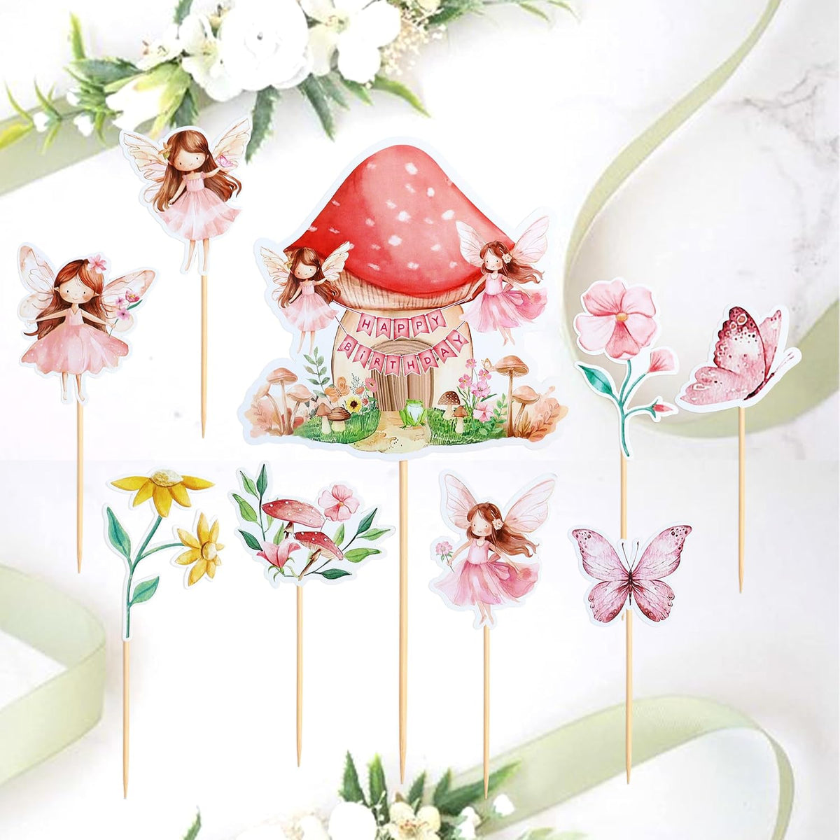 SAMOKA fairy cupcake toppers, 24 card paper picks on wooden sticks in 6 fairy designs - view 6