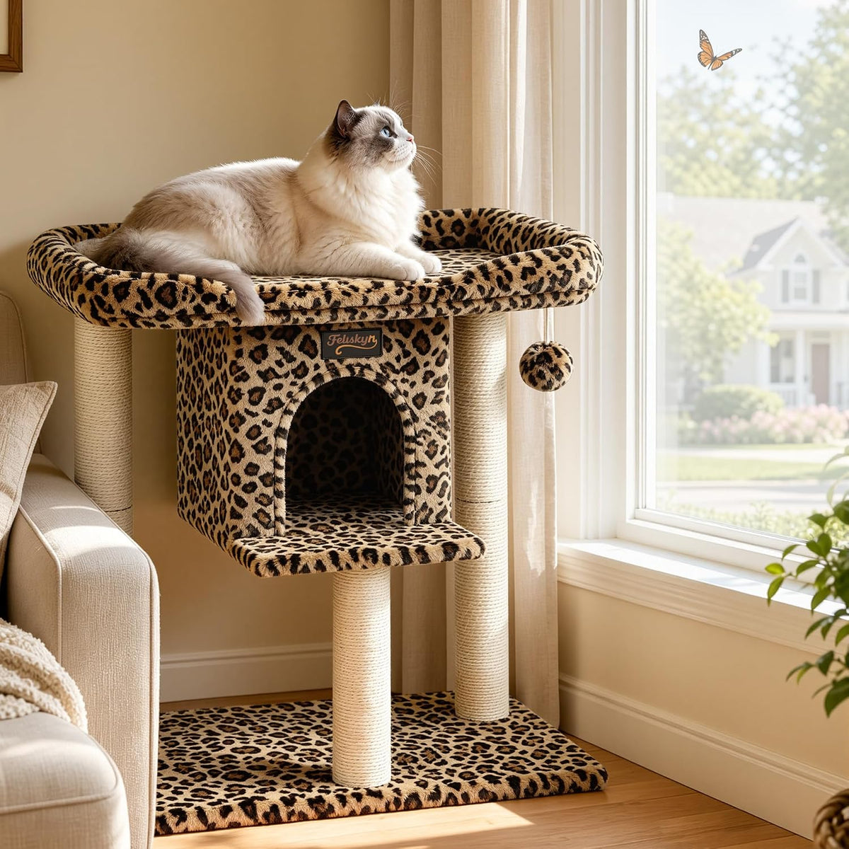 Cat Tree Tower Scratching Post for Indoor Large Adult Cats with Perch - Leopard Print / 28 Inches - image 4