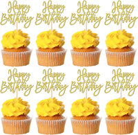 24 PCS Happy Birthday Cupcake Toppers Glitter Picks for Celebrating - Gold