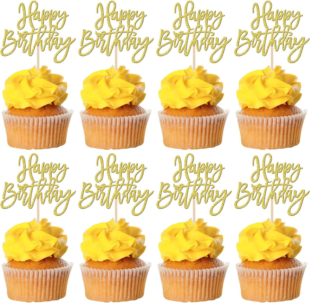 24 PCS Happy Birthday Cupcake Toppers Glitter Picks for Celebrating - Gold
