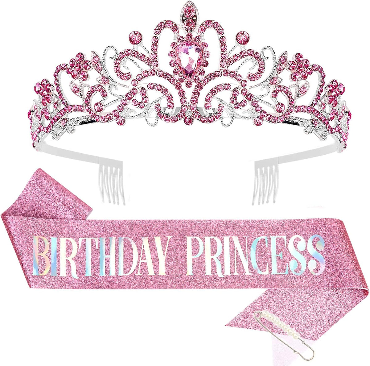 CIEHER Princess Crown and Birthday Sash Set - Pink