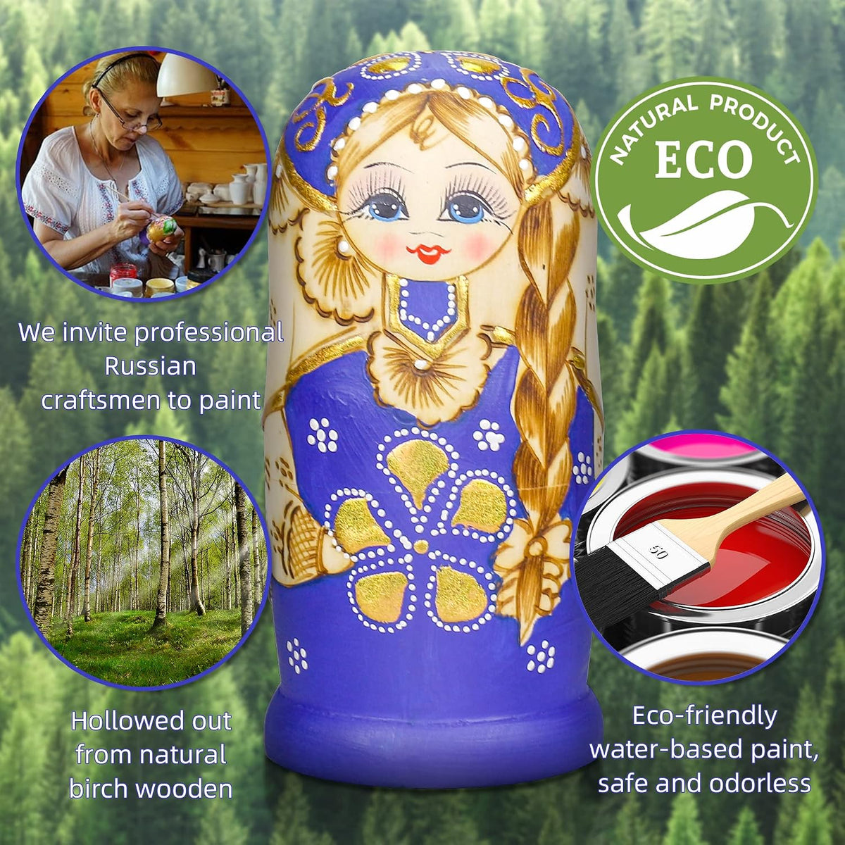 Starxing Russian Nesting Dolls Wood Matryoshka Stacking Set of 7 - Blue - image 2