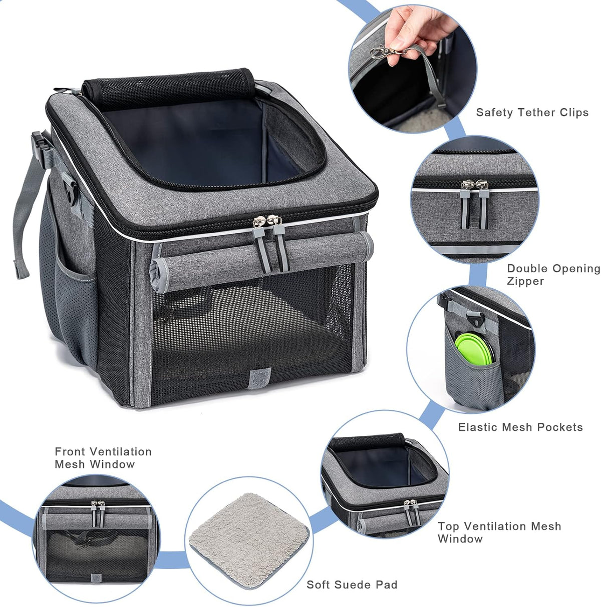 Dog Bike Basket, Soft-Sided Dog Bike Carrier with 4 Mesh Windows for Small Dog Cat Puppies - Grey - Grey - image 2