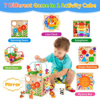 KMTJT 7-in-1 wooden activity cube with bead maze, learning clock and shape sorter - view 4