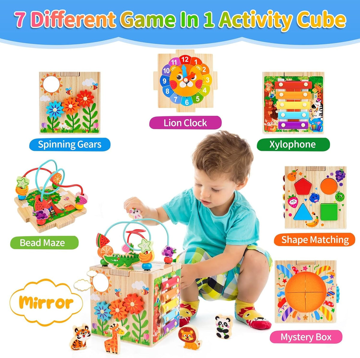 KMTJT 7-in-1 wooden activity cube with bead maze, learning clock and shape sorter - view 4