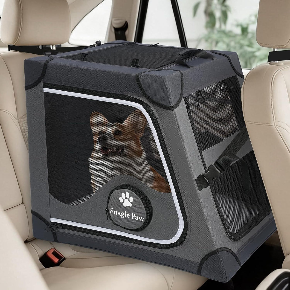 Snagle Paw Portable Dog Crate for Car Travel - Gray / 24.8"L x 18.9"W x 20.9"H