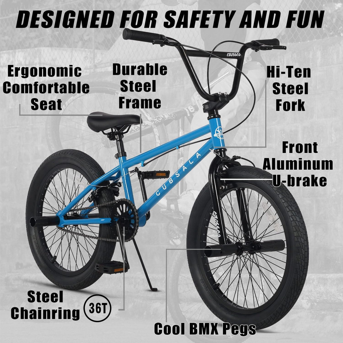 cubsala Crossea 18 20 Inch Kids Freestyle BMX Bike for 5-13 Years Old – Fun for Kids & Family - Blue & Black / 20 Inch / With 4 Pegs - image 2