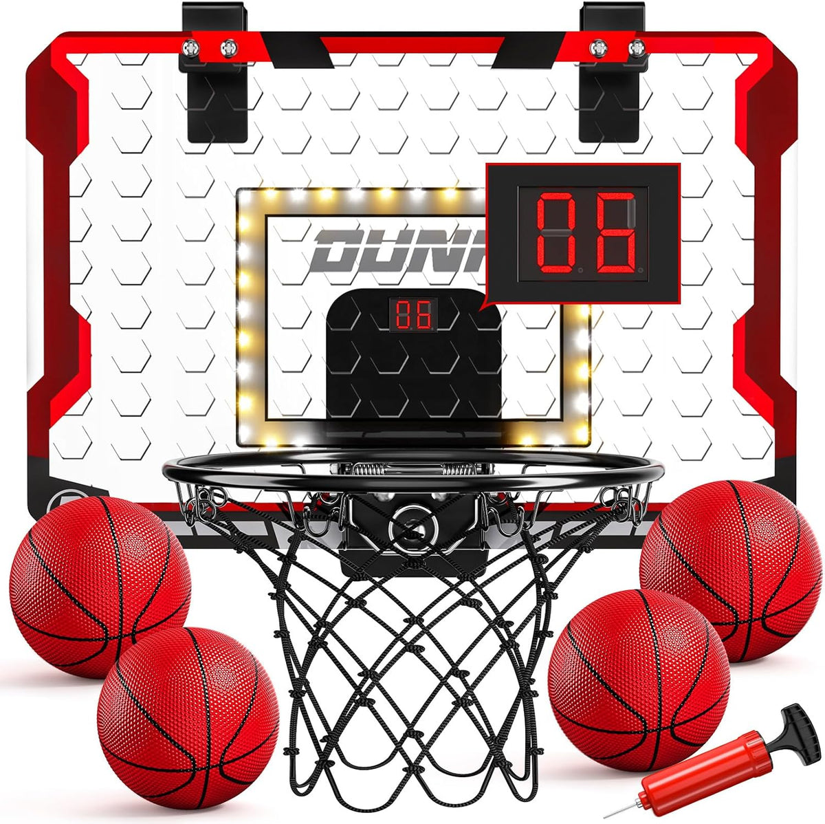 TEMI Indoor Basketball Hoop for Kids, Door Room Basketball Hoop - LED & Scoreboard & 4 Balls