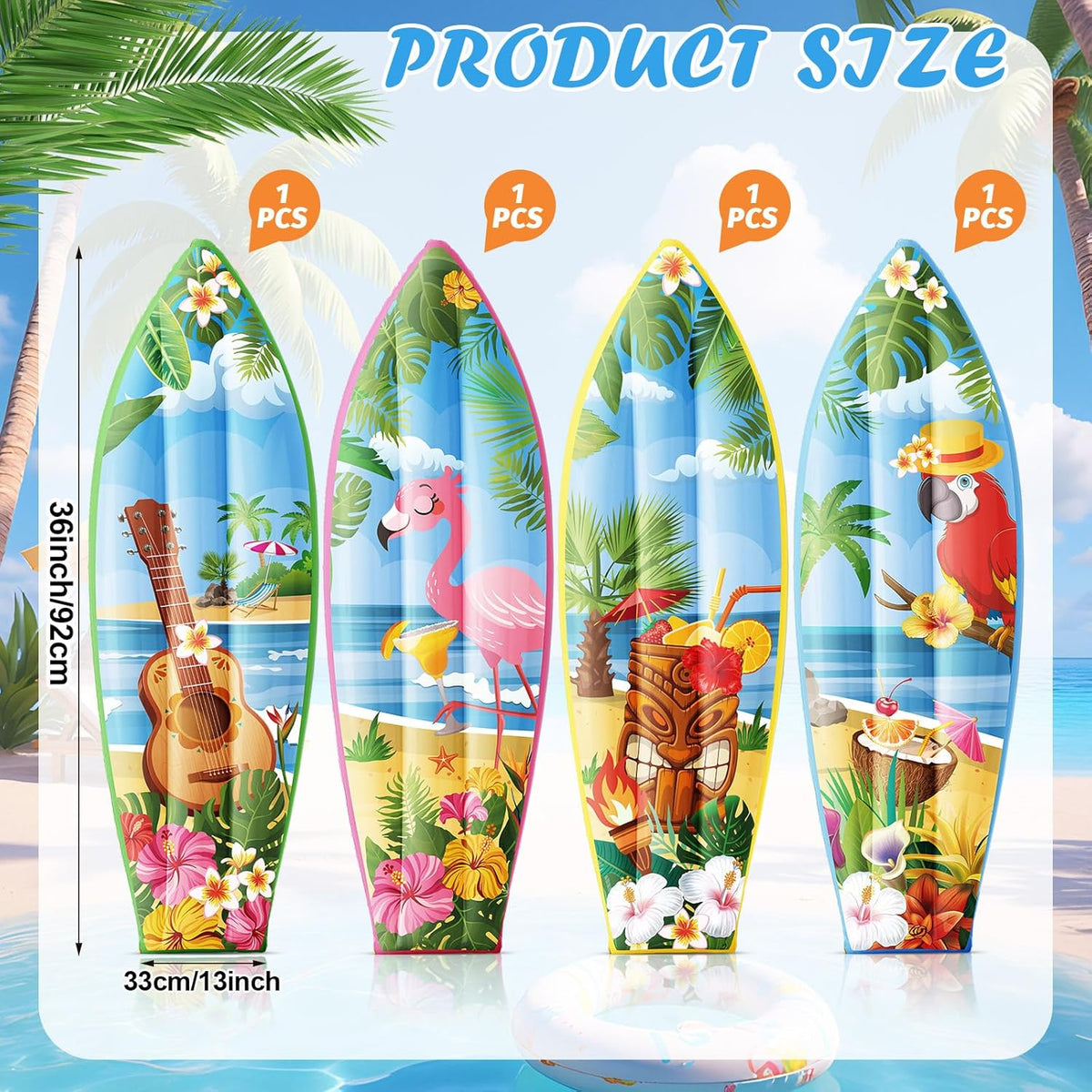 JellyArch inflatable surfboard decorations with tropical flower print, set of 4 - view 34