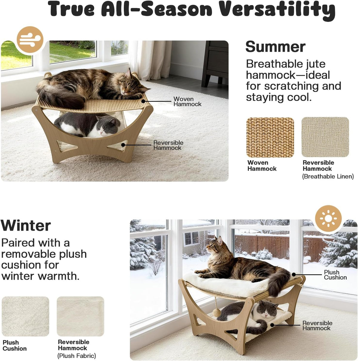Cat Hammock Bed, Wooden Elevated Cat Beds with Natural Sisal Scratching Mat, Cats Scratcher Bed - Narual Wood (Double Layers) - image 3