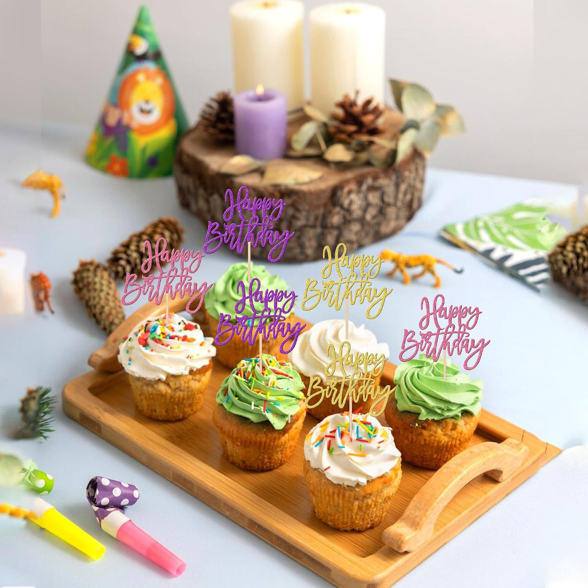 24 PCS Happy Birthday Cupcake Toppers Glitter Picks for Celebrating - Gold Purple Pink - image 4