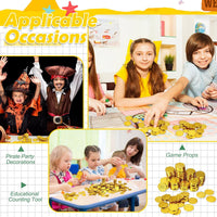 Hanaive plastic pirate gold coins in a pile, 1.38 inch coins with dollar sign design - view 13