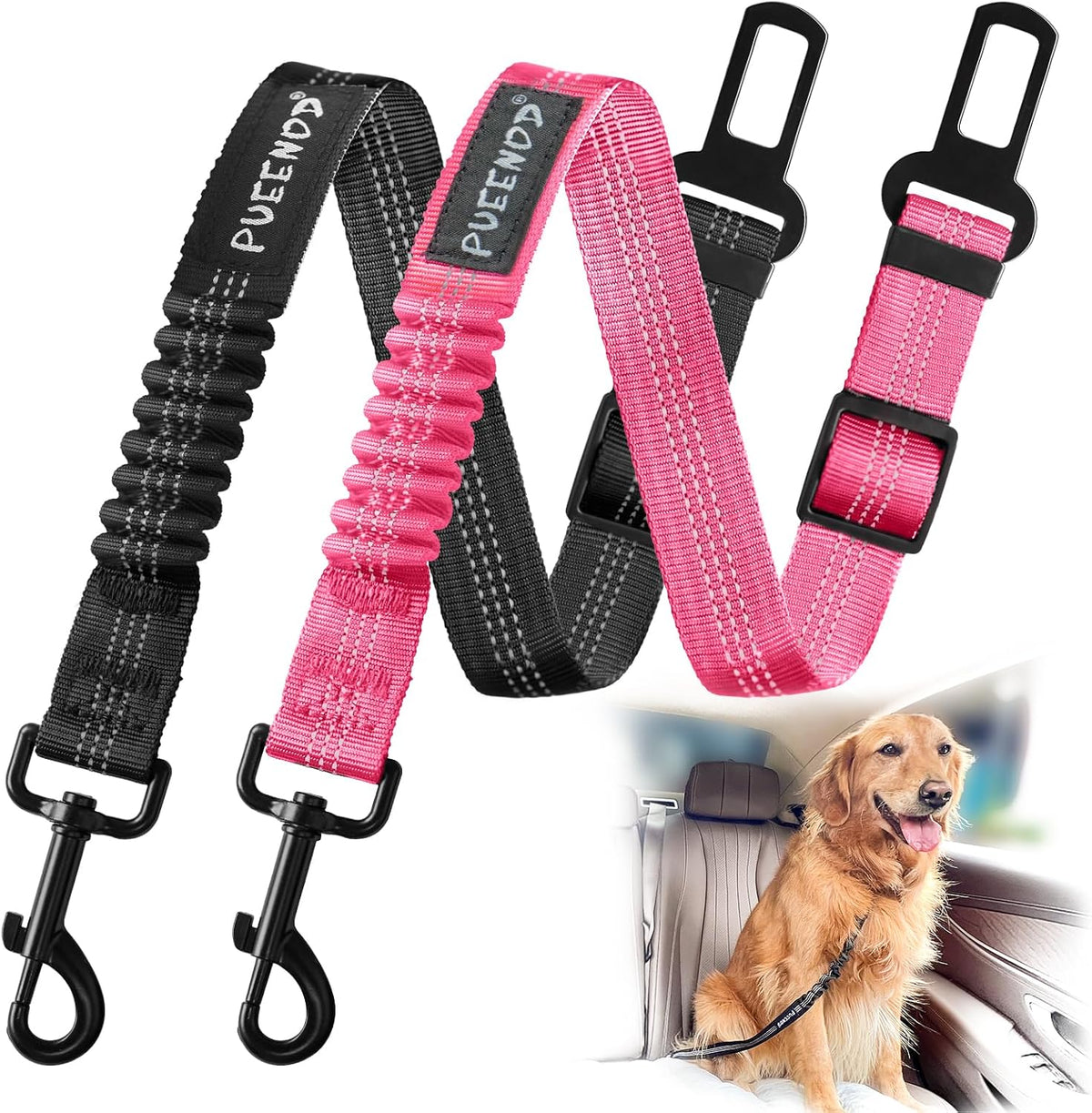 2 Pack Dog Seat Belt Adjustable Dog Car Seatbelts for Vehicle Nylon - Black + Pink