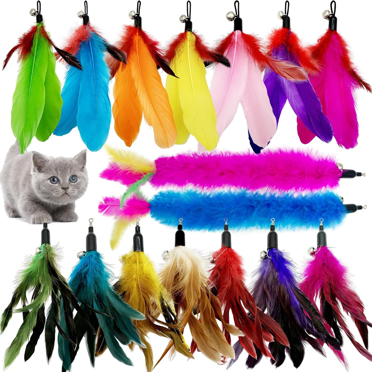 Cat Feather Toys Refill, 16 Pieces Cat Wand Replacement Feathers Toy for Indoor Cats – Essentials for Cats - 16PCS Cat Feather Toy Refills