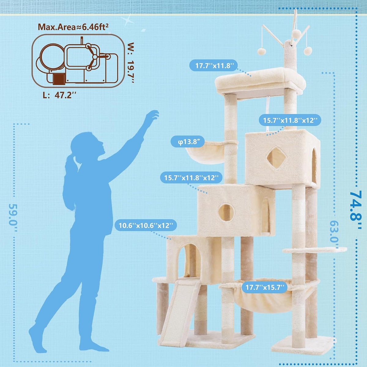 Hey-brother Cat Tree Tower with 3 Condos - 74.8 inches / Beige - image 2
