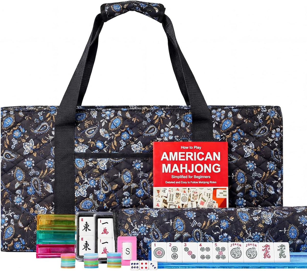 Jongyance American Mahjong Set with Blue Carrying Bag - Black
