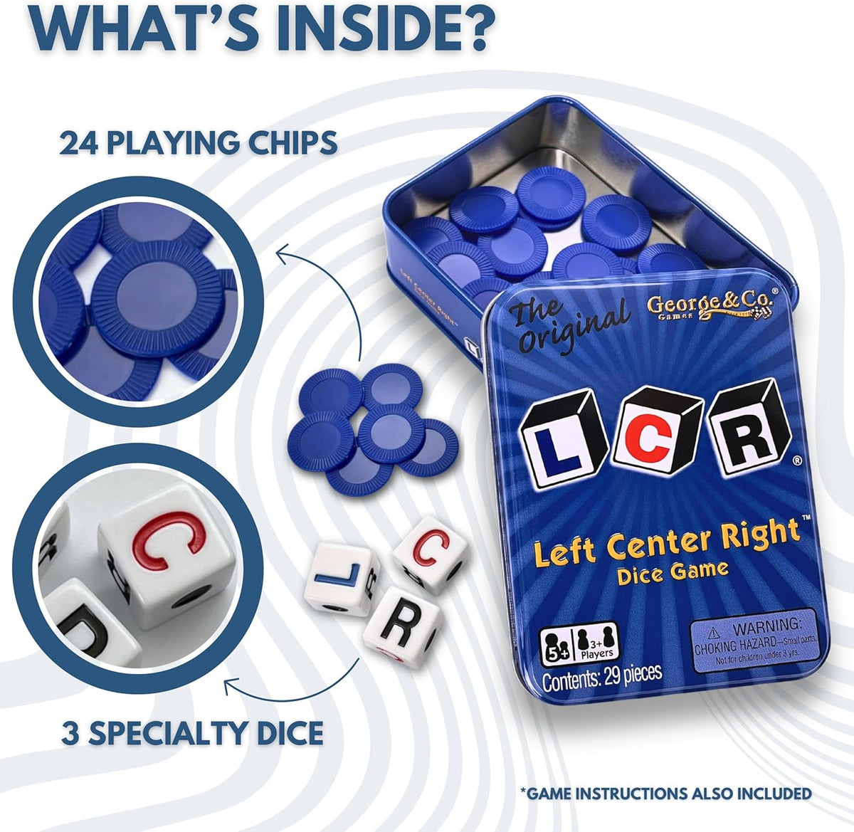 LCR Left Center Right Dice Game, Blue Tin - image 2