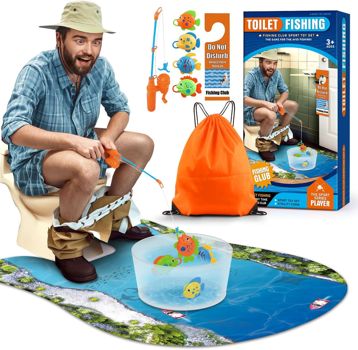 Kaelinda toilet fishing gag gift with fishing rod, four fish and Do Not Disturb sign
