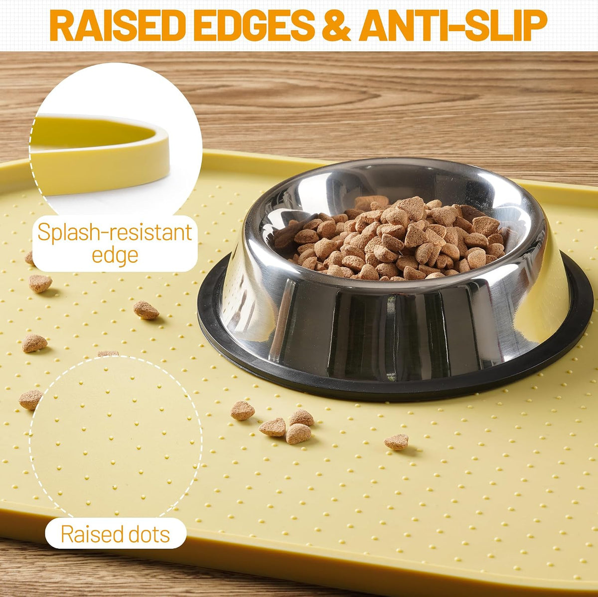Hubulk 100% Waterproof Silicone Pet Feeding Mat with Raised Edge - Yellow / 24"L x 16"W - image 3