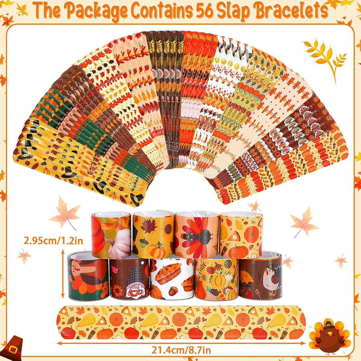 Junebrushs 56 fall Thanksgiving slap bracelets with turkey, pumpkin and leaf designs - view 28