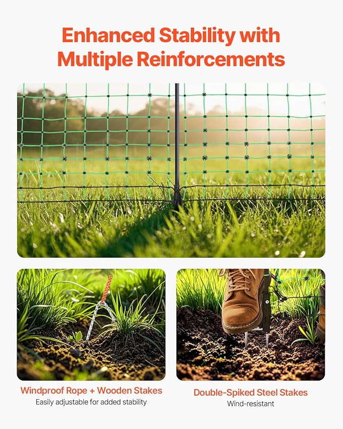 VEVOR Electric Fence Netting, 48" H x 100' L, PE Net Fencing Kit with Posts & Double-Spiked Stakes, Utility Portable Mesh for Chickens, Ducks, Geese, Rabbits, Used in Backyards, Farms, and Ranches