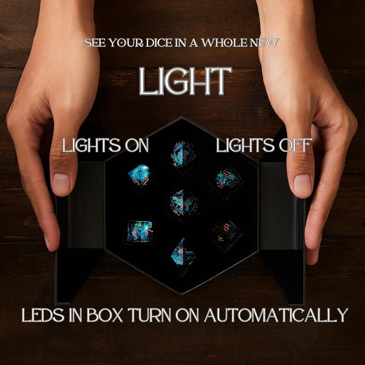 HEIMDALLR liquid core DND dice set in Fenrir's Shadow with glowing LED display box - view 11