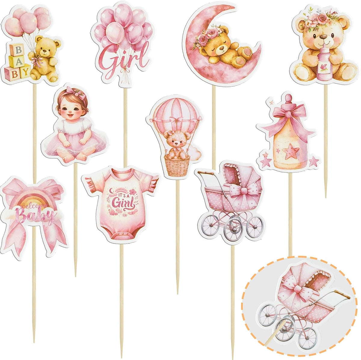 Gyufise 36Pcs Baby Shower Bear Cupcake Toppers Moon Baby Bear Baby - Deep Pink - image 3