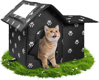 Outdoor Cat House Weatherproof, Large Feral Cat House for Winter - Black with White Cat Paw Prints / 17" x 13" x 15"