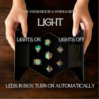 HEIMDALLR liquid core DND dice set in Fenrir's Shadow with glowing LED display box - view 25