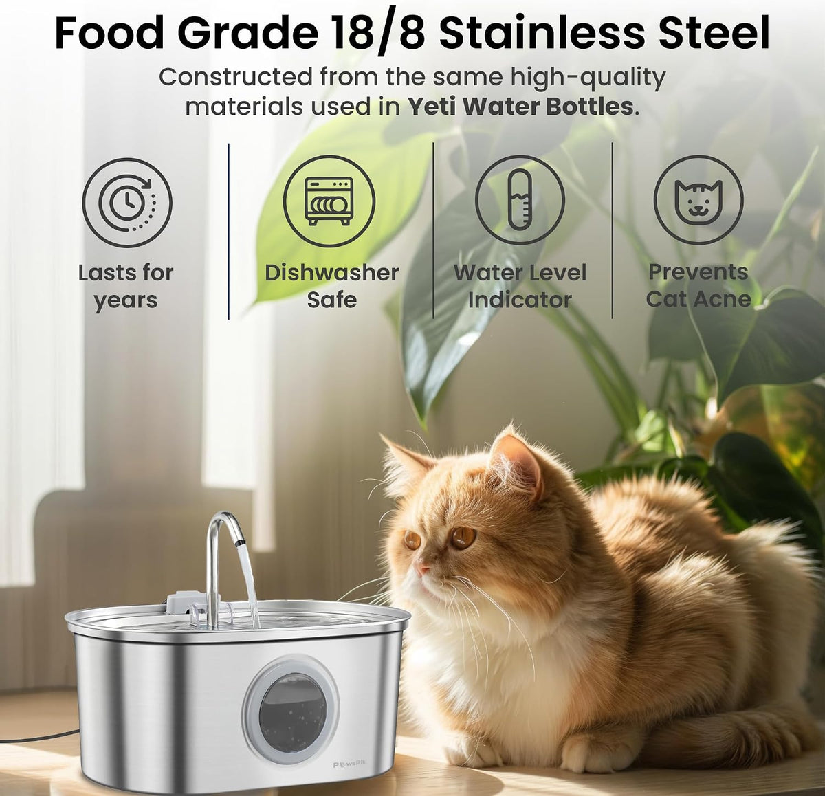 PawsPik SS-01 Stainless Steel Faucet-Design Cat Fountain – Essentials for Cats - Silver - image 2