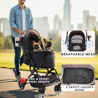Pet Stroller for Small Medium Dogs Cats Up to 45 lbs, Travel Lite Collapsible, All Terrain 4 Wheels for Jogging, Running, Grey