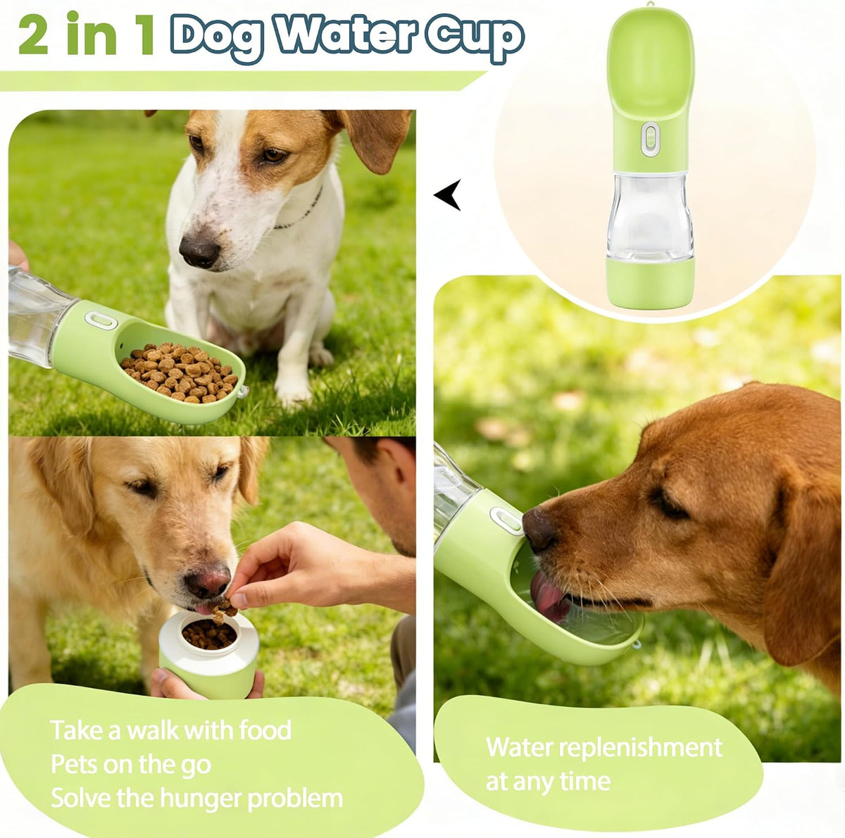 Portable Dog Water Bottle with Food Container Dishwasher Safe-Pink – Essentials for Dogs - Light Green - image 2