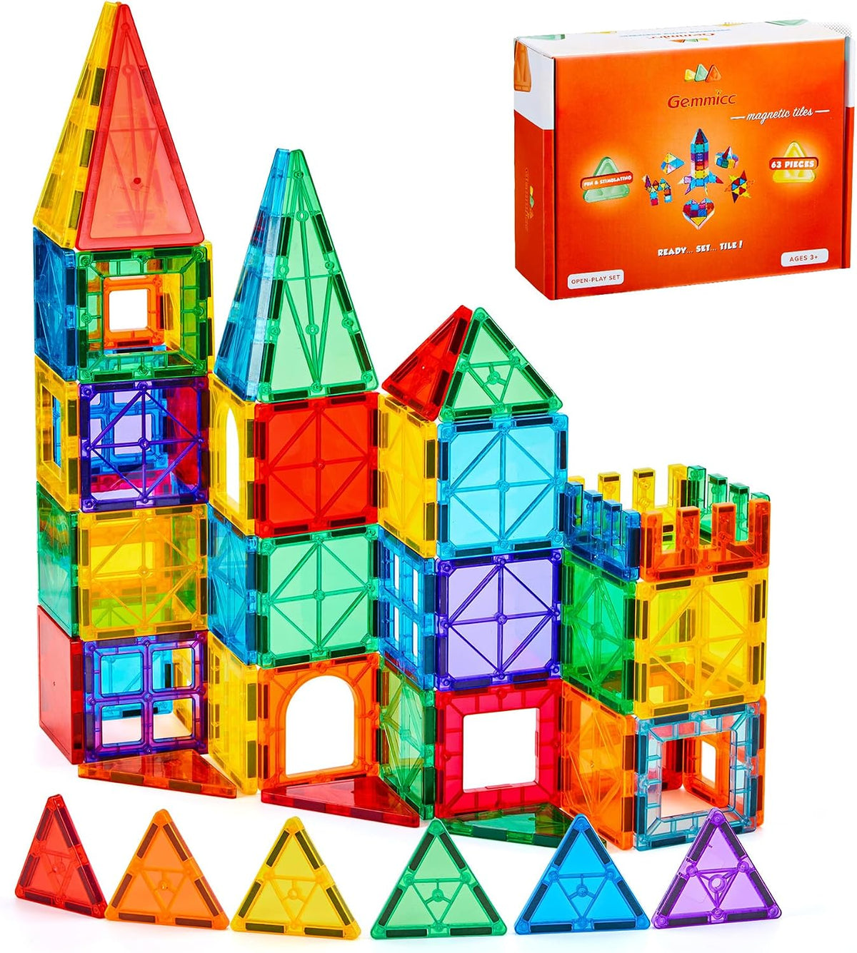Gemmicc 100 PCS Magnetic Tiles with 2 Cars - 63 PCS