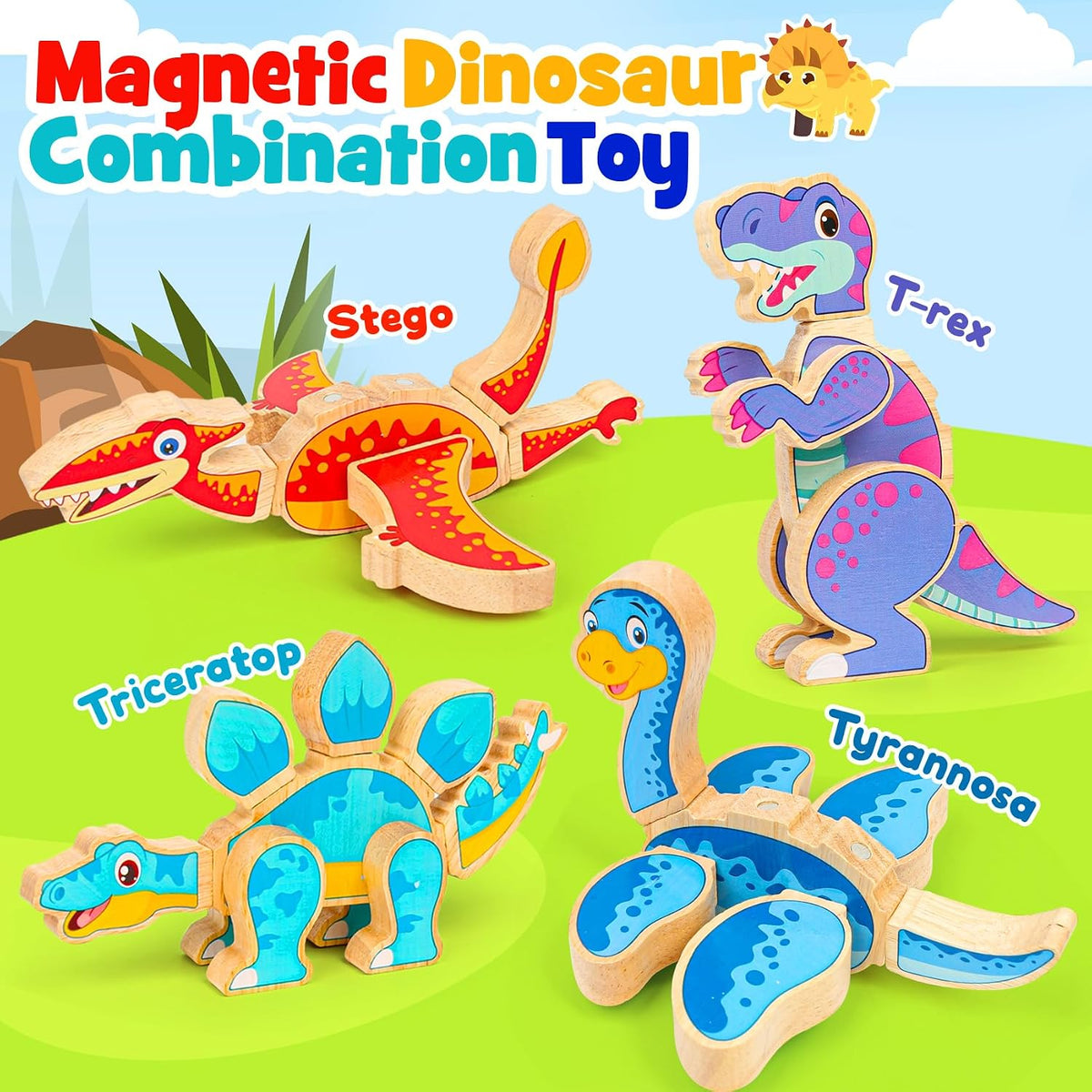 FQKIOMY magnetic wooden dinosaur building blocks in bright colors for kids 3-5 - view 6