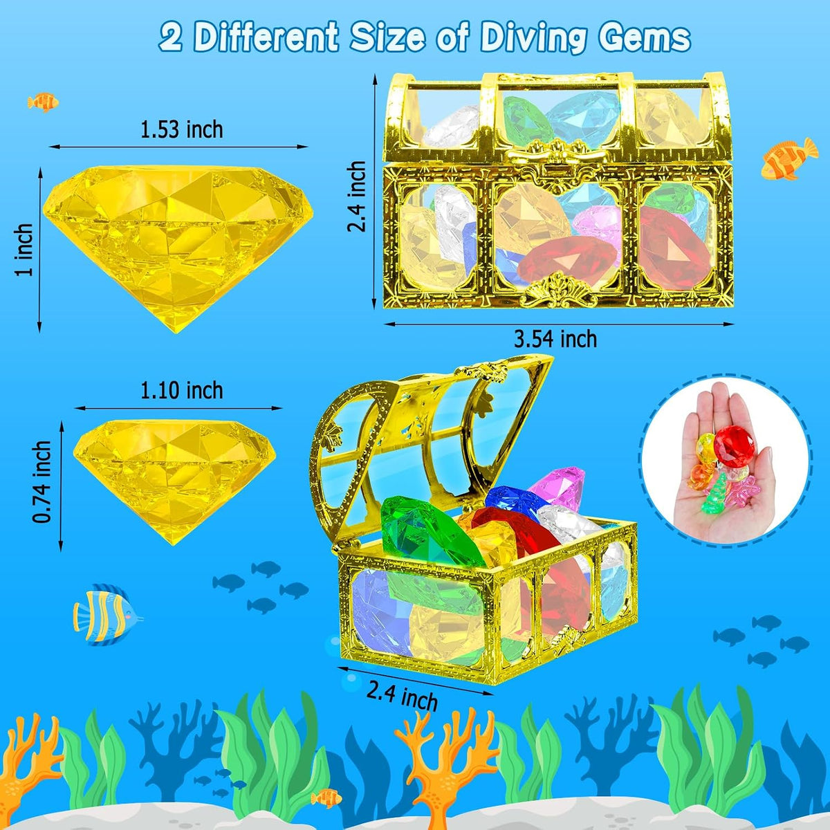 MGparty 24 piece diving gem pool toys with colorful acrylic gems, shells and pirate treasure chest - view 2