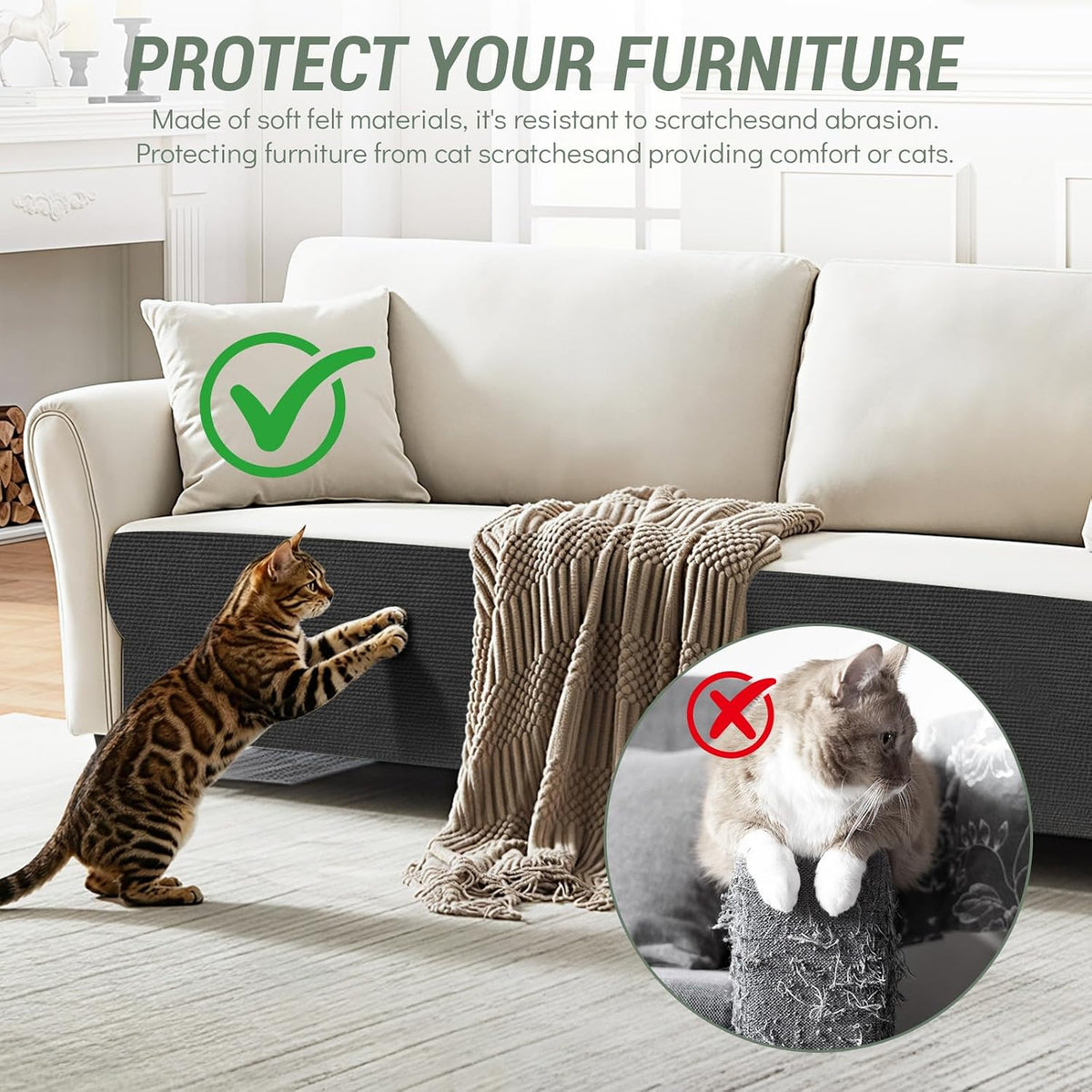 Sepazon black felt cat scratch furniture protector mat, 78.7 x 15.8 inches - view 4