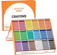 Shuttle Art crayon bulk class pack with 720 crayons sorted by color in a storage box