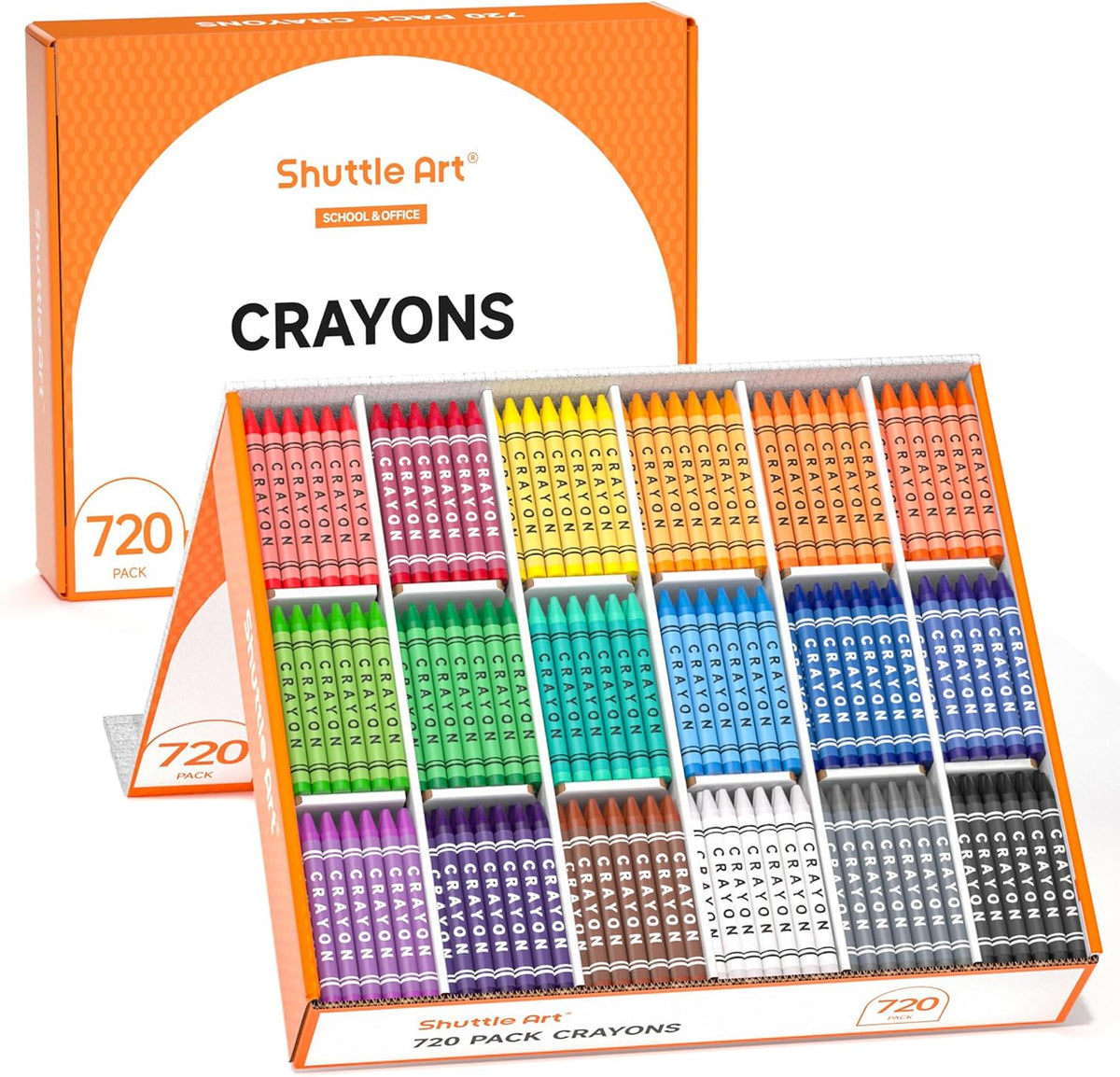 Shuttle Art crayon bulk class pack with 720 crayons sorted by color in a storage box