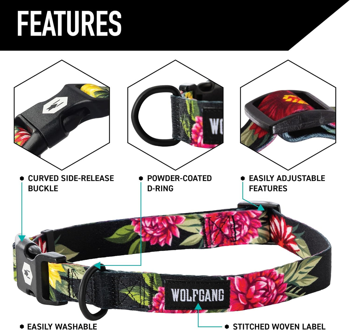 Wolfgang Heavy Duty, Adjustable Dog Collar with Quick Release Nylon Buckle for Walking & Training - Large (1 Inch x 18-26 Inch) / DarkFloral Print - image 3