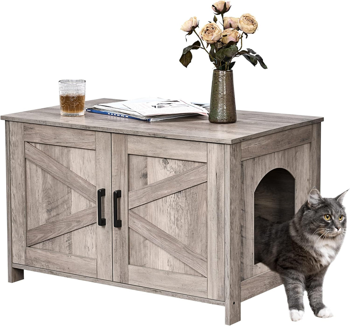 31.5" L Cat Litter Box Enclosure with Barn Door - 31.5"L / Greige