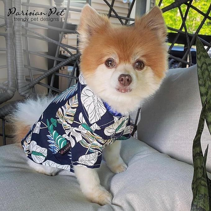 Parisian Pet Palm Leaves Dog Shirt - 100%Cotton Summer Clothes - Stylish Beach Outfit - Hook and Loop Closure - Machine Washable - Small Dogs
