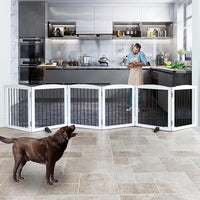 Freestanding Panel Dog Gate for Indoor Doorways, Stairs, or Hallways, Foldable Wooden Pet Gate, Support Feet Included, 24" Height-6 Panels, White